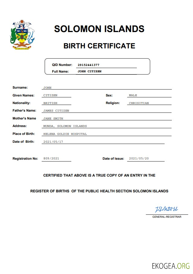 Modèle Word et PDF d'acte de naissance d'acte d'état civil des Îles Salomon